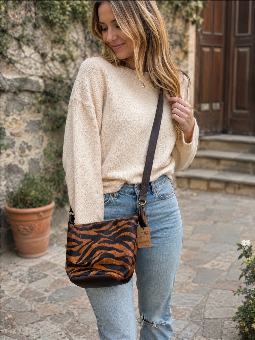 NWT calf hair and leather Crossbody Bag in Brown and Black with Dark Brown Strap